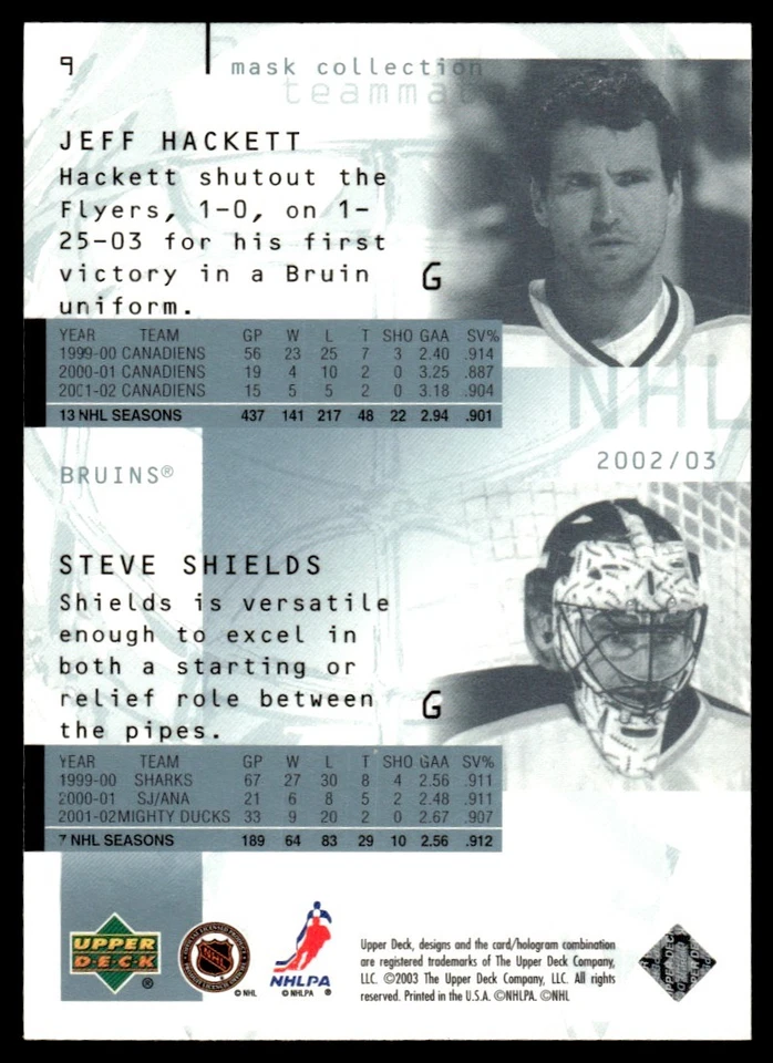 2002-03 Upper Deck Mask Collection Steve Shields/Jeff Hackett Boston Bruins #9 - Image 2 of 2