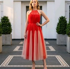 ASOS Coral Red Tulle Halter Midi Dress UK 8 Bridesmaid Prom Party NWT