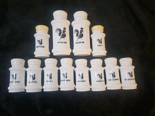 Antique Milk Glass Spice Jars 10.  1 Sugar, 1 Flour Jar. With Rooster