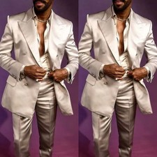 Gold Men's Suit Silk Satin Prom Outfits Streetshot Fashion Evening Formal 2Pcs