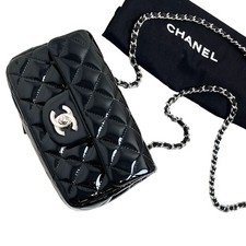 Chanel Classic Flap Mini Patent Leather Black Shoulder Bag Silver HW
