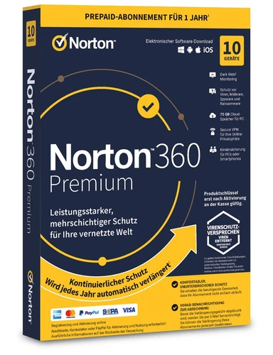 Norton 360 Premium 10 Geräte 1 Jahr inkl.75GB PC, iOS, MAC, Android ESD ABO