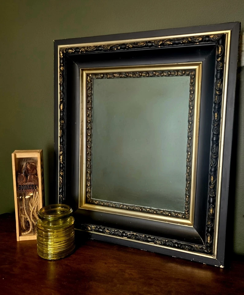 Espejo de pared vintage ornamentado negro dorado barroco Hollywood Regency 27x31 Foto 2 de 2