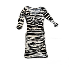 A+ Ellen Womens Large Black and Tan Striped 3/4 Sleeve Round Neck Midi Dress