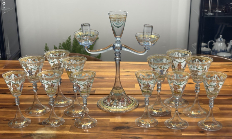 15pc Rare Venetian Pauly & C. / Salviati, Murano, Enameled Gilt Glass Wine Set
