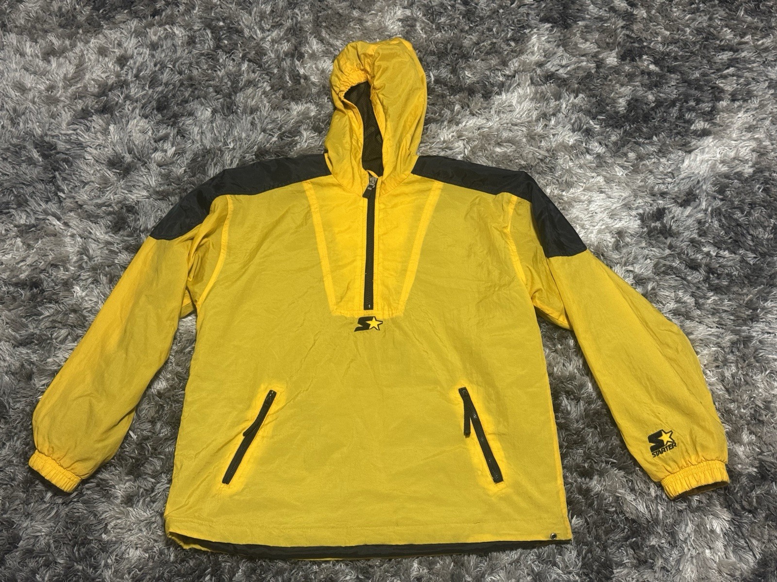 RARE VINTAGE Starter Jacket Mens Large Yellow Nylon Half Zip 90s Sports Logo