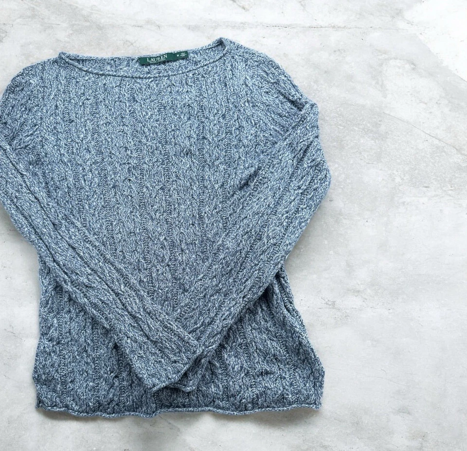 Suéter Ralph Lauren Tejido con Cable Para Mujer’s M Azul Gris Brezo Suave Preppy Foto 3 de 4