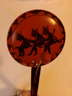 Antique Vintage Halloween Noisemaker Pan Clanger Devils on Broom Japan 1920s