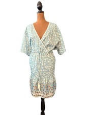 BloomChic Boho Floral Short Dress Size 20 Blue White Brown Lace Trim Tassels NEW