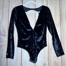 Victoria's Secret Bodysuit Plunge M/L Black Crushed Velvet Open Back Goth Glam
