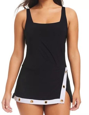Beyond Control Coastal Color-Block Square-Neck Swim Dress Black 6, $139