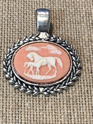NEW LISTING* SALE- LOVELY MARE & FOAL CAMEO PENDANT/25X18MM/salmon pink.silver