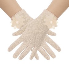 Women's Short Lace Gloves, Floral Embroidery Wrist Length Design, 1PCS Beige