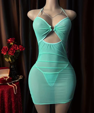 Small Aqua Blue Sheer Ruched Lingerie Bodycon. Sexy Metal Heart Chain Detail