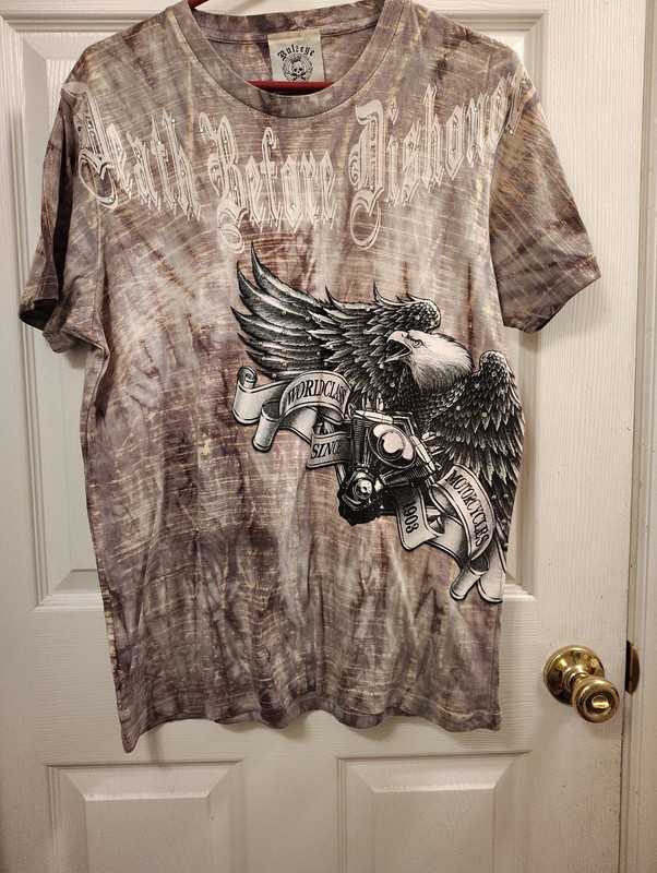 Bulzeye Shirt Eagle Motorcycle Death Before DIshonor Rivet Beige Sz Large