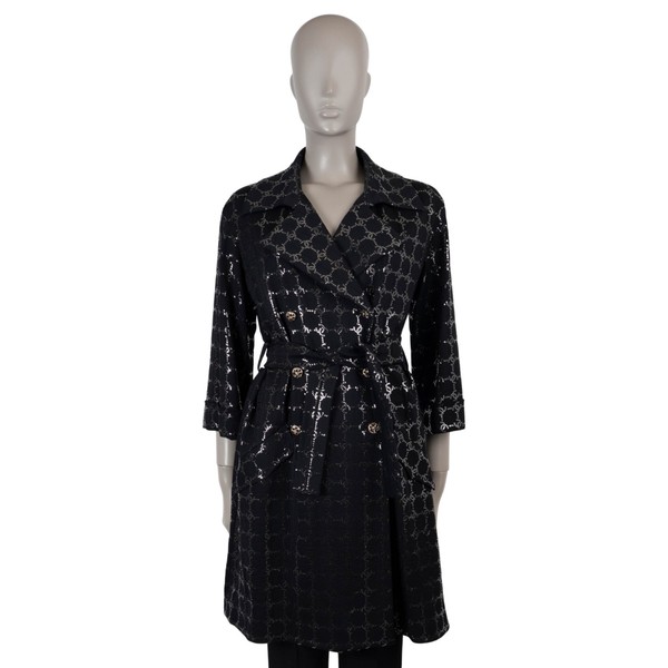 73137 authentisch CHANEL schwarz Viskose 24P LOGO GLITZER JERSEY Mantel Jacke 36 XS