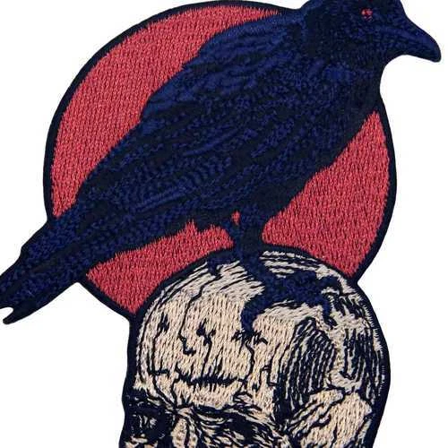 Embroidered Iron Sew On clothing Design Patch Jeans Applique Raven On the Skull - Image 3 of 4