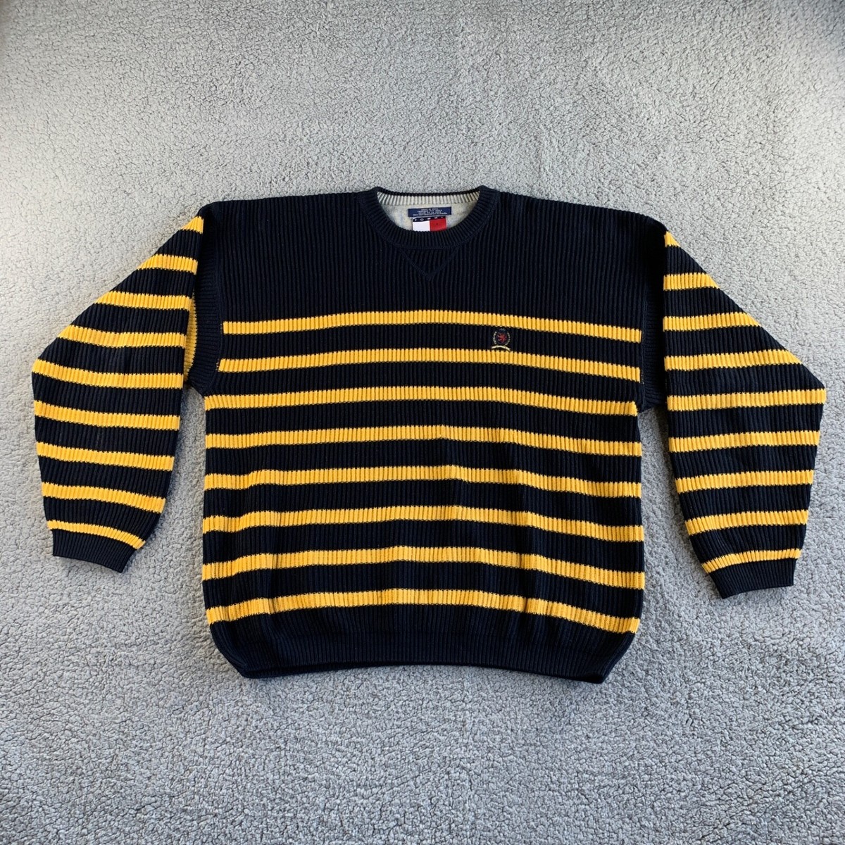 Vintage Tommy Hilfiger Sweater Mens XL Blue Yellow Striped Chunky 