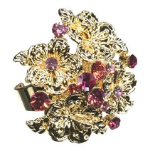 Pink Crystal Flower Cluster Cocktail Ring in Gold Tone Metal