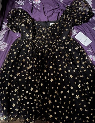 glitter babydoll dress Unique Vintage Black w/ Gold Stars- BNWT- Size Small 3D Flower