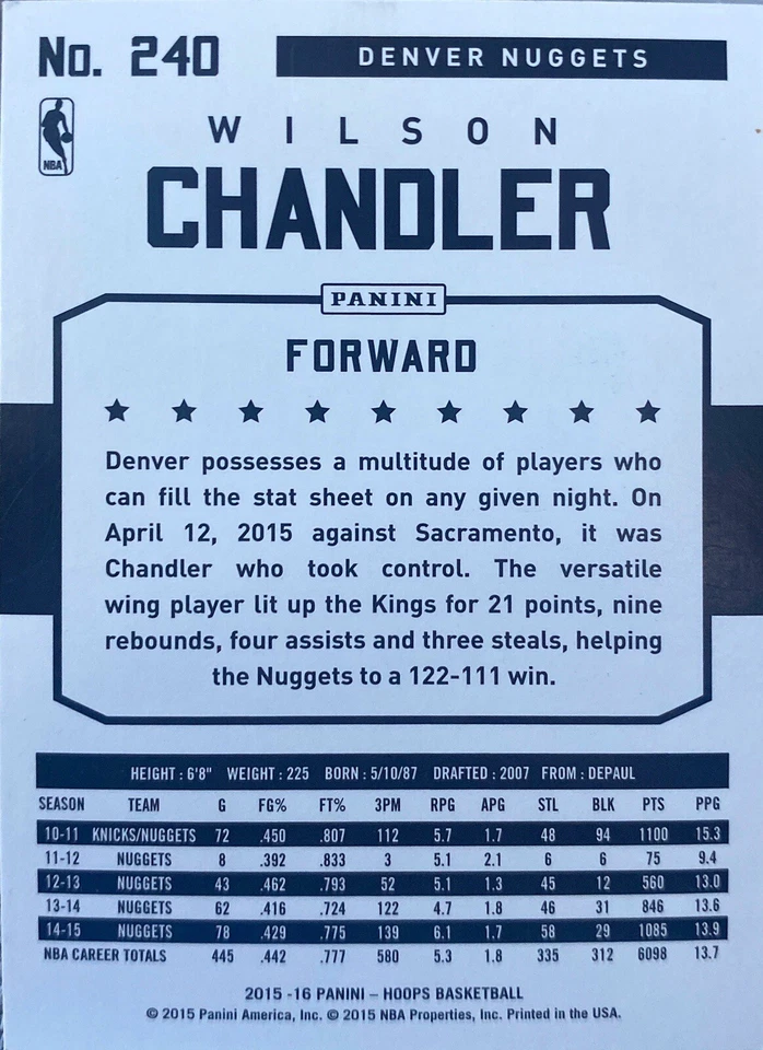 Tarjeta de los Nuggets autografiada firmada por Wilson Chandler #240 certificado de autenticidad Foto 2 de 2