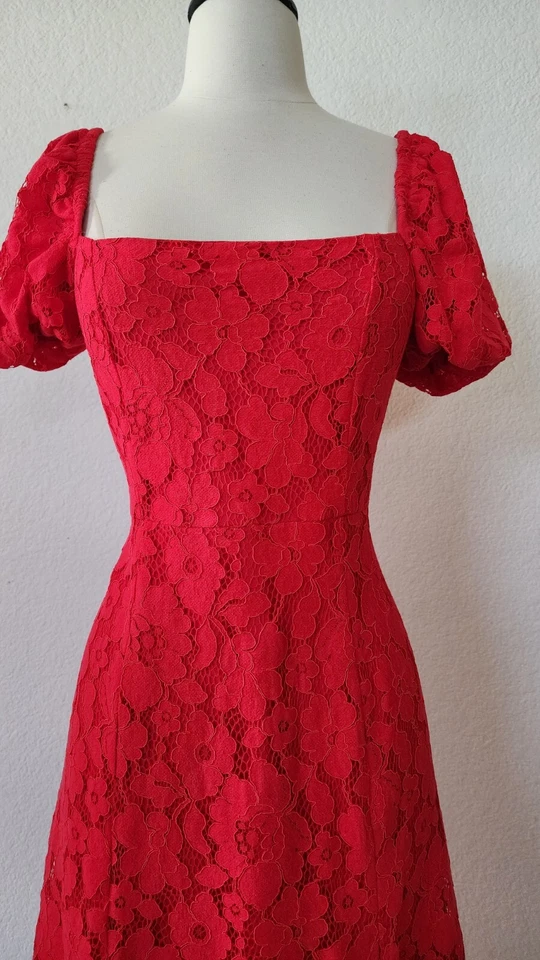 Vestido Anthropologie Midi Nuevo Talla Pequeña Rojo Floral Encaje Vacaciones San Valentín Elegante Foto 4 de 4