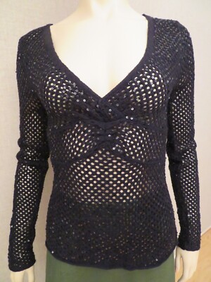Catherine Malandrino Crochet Open Knit Palettes Sweater Pullover Women M Black