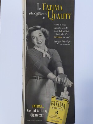 1951 Vintage Fatima cigarettes print ad. Featuring Maggie morley