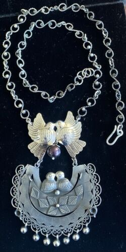 Mexican Sterling Silver Belen Love Bird Peacock Pearl Large Pendant Necklace - Picture 1 of 4