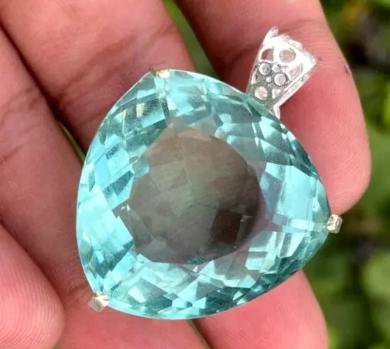 90 Ct+ Certified Natural Sky Green Topaz 925 Solid Silver Pendant Gemstone A++