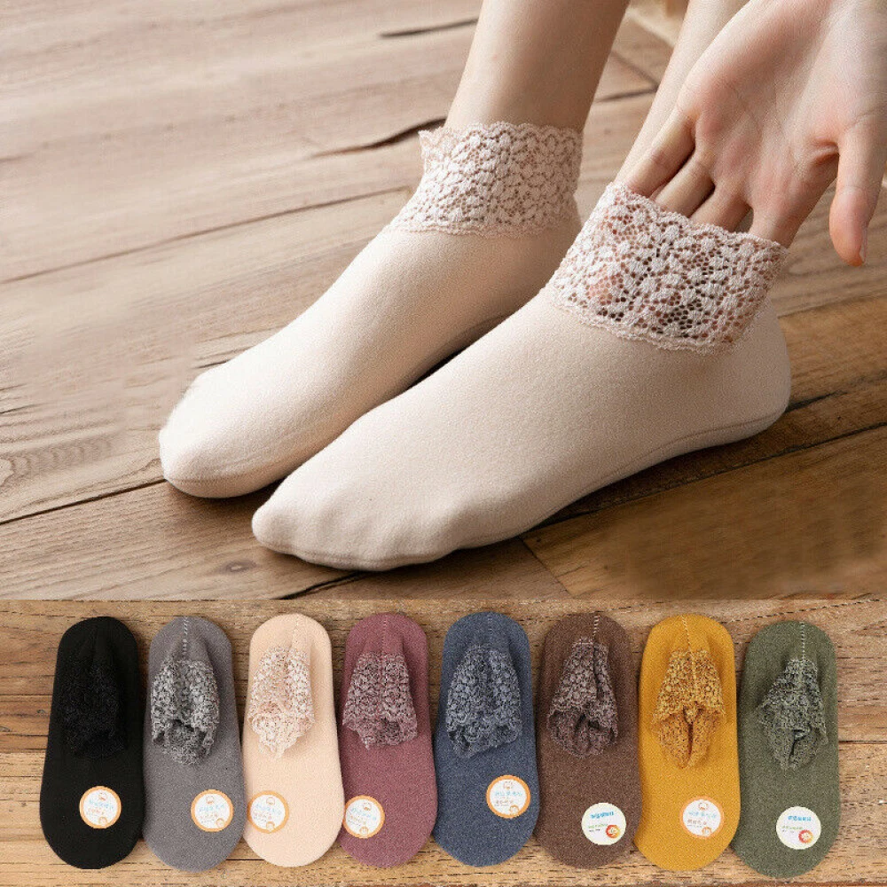 Women Cotton Velvet Warm Non Slip Thick Lace Sleep Socks Female Soft Floor  Sock