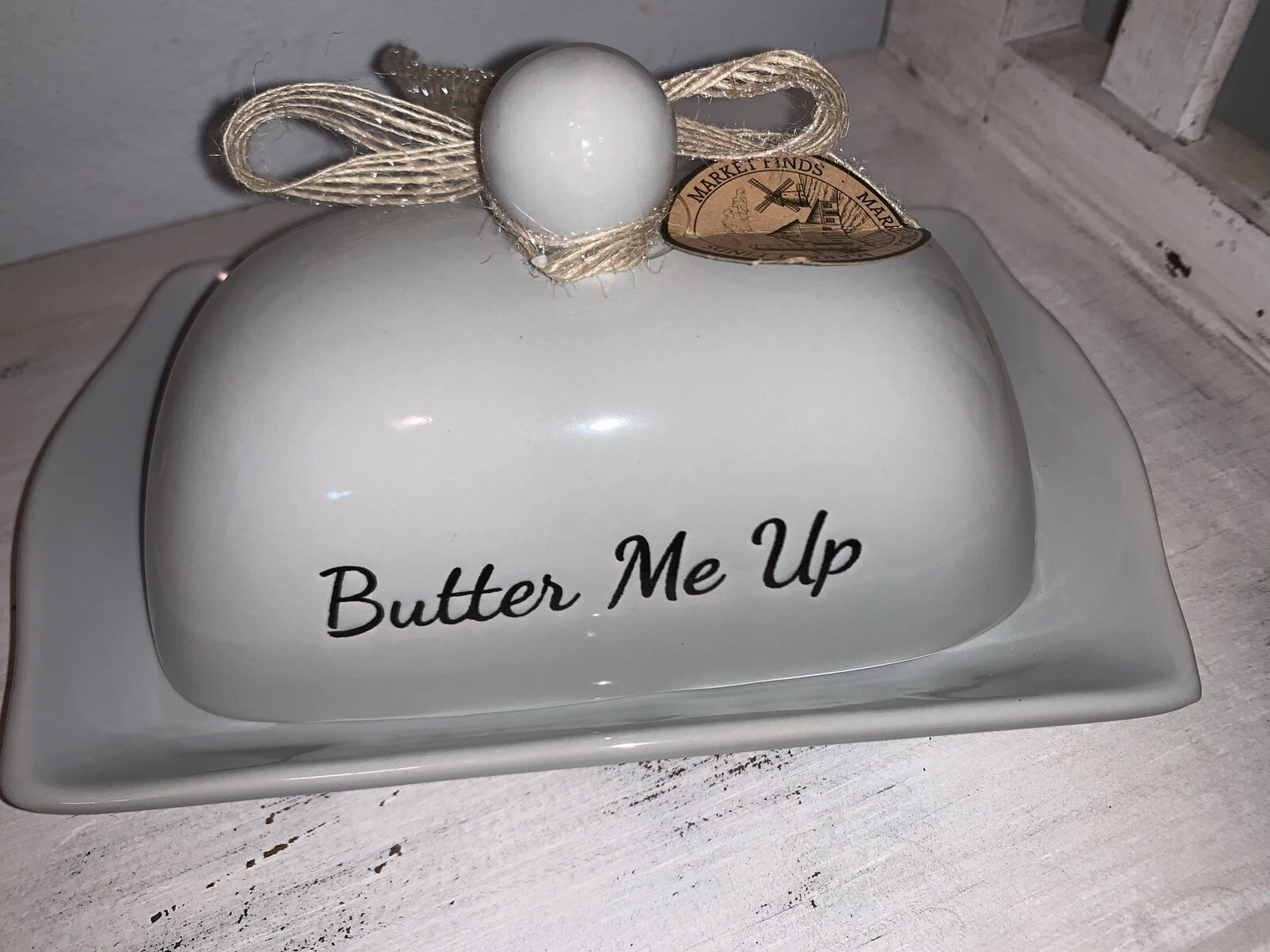 Farmhouse Butter Dish “Butter Me Up!” Gray Taupe New Farm Finds Butter Boat