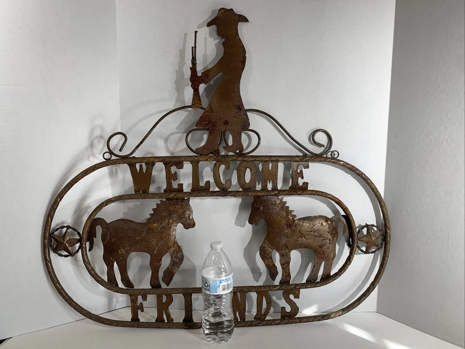 Letrero de bienvenida vintage de metal rústico vaquera occidental caballos vaqueros colgante de pared Foto 2 de 4