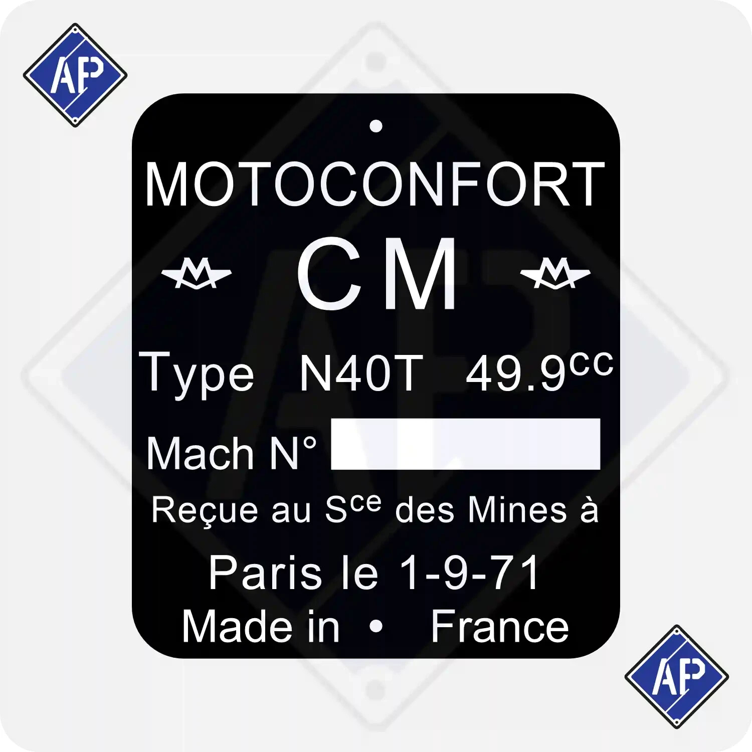 Plaque de cadre Motoconfort N40T ravivez les souvenirs de votre mobylette de 1971