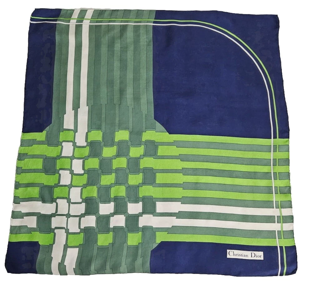 Christian Dior écharpe vintage en soie géométrique bleu vert blanc 30 pouces 77 cm