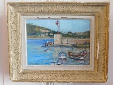 Fernand Proust (20th) Marine 'Small Port of Villefranche' Oil on Panel 1975