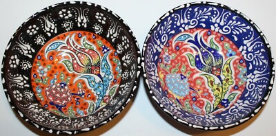 Turkish Defective 6''x2 1/4'' Handmade Iznik Floral Pattern Ceramic Bowl Set of 2