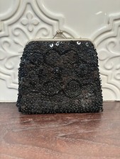 Vintage Black Sequined Beads Coin Purse Silver Tone Frame Kiss Lock