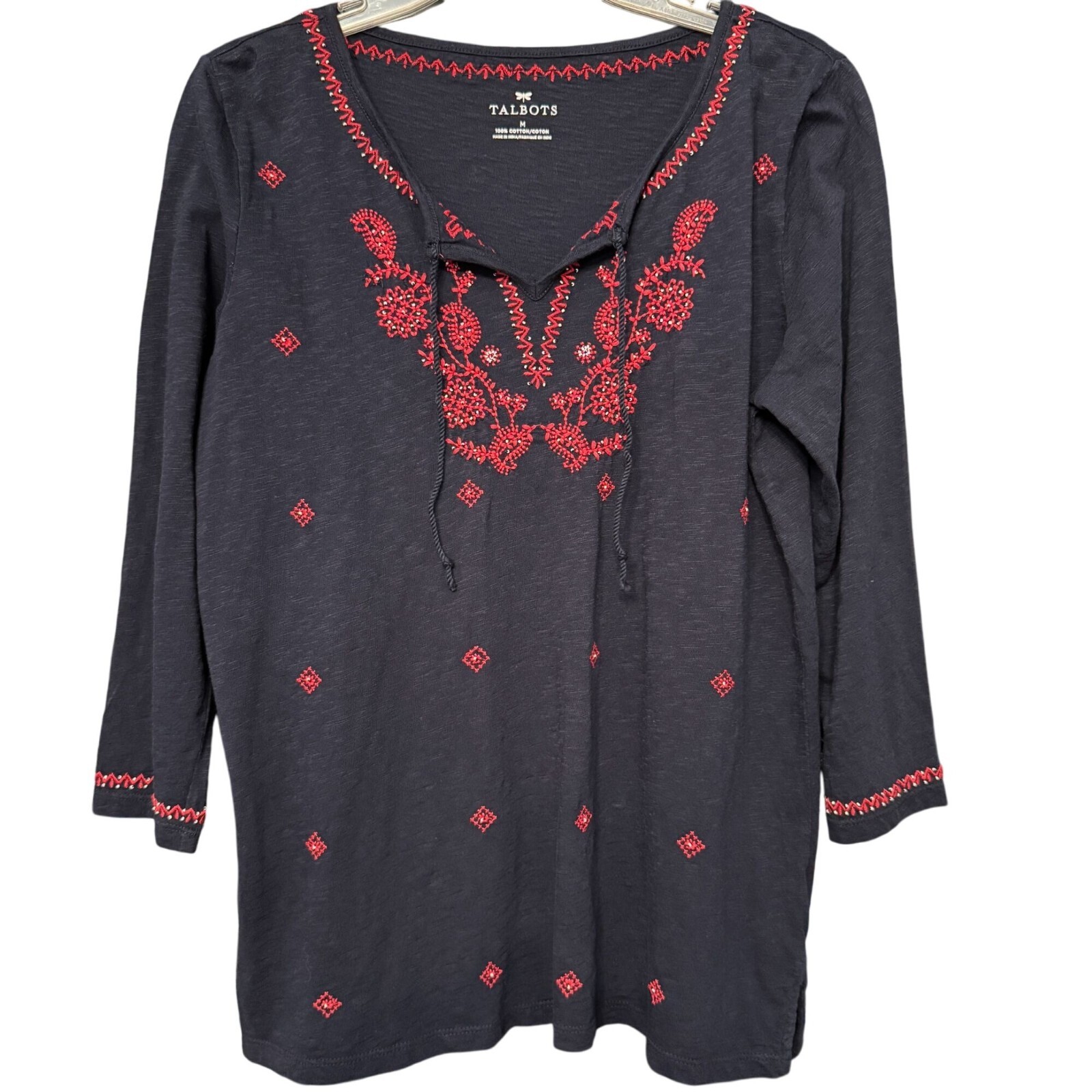 Talbots Cotton Tunic Top Embroidered Split Neck L… - image 1