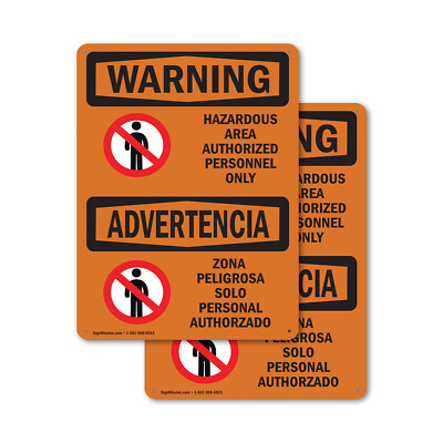 (2 Pack) Hazardous Authorized Personnel Bilingual OSHA Warning Sign Decal Metal