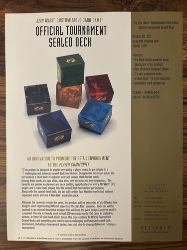 Star Wars Sealed Deck Tourny CCG Trading Cards Promo Sell Sheet Decipher 1998