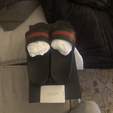 Authentic Gucci Web Men's Rubber Slide Sandal - Black Rubber, US 10