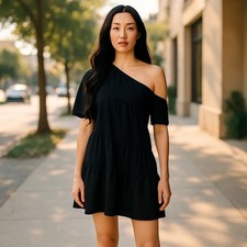 Little Black Dress SZ M One Shoulder Puffy Sleeve Layers Formal Punk Kirundo 