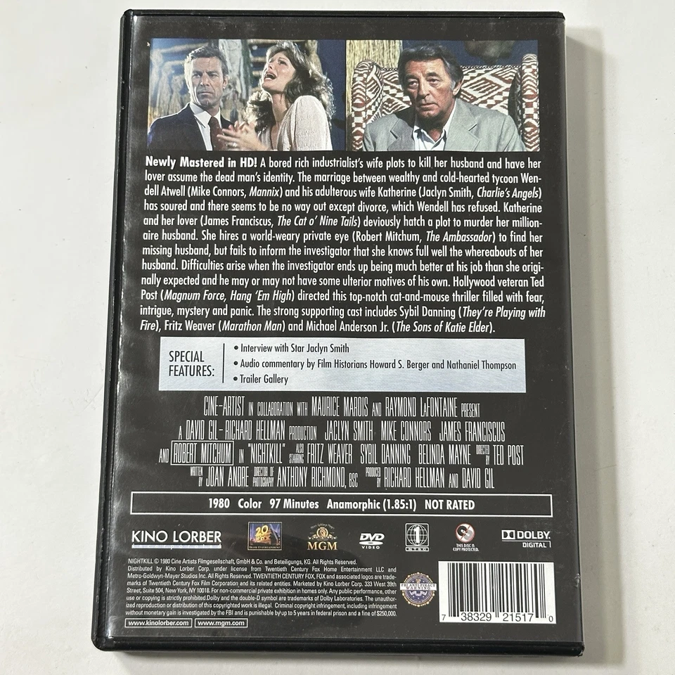 Nightkill (Kino Lorber) (DVD, 1980) Robert Mitchum, Jaclyn Smith, Rare! - Image 2 of 4