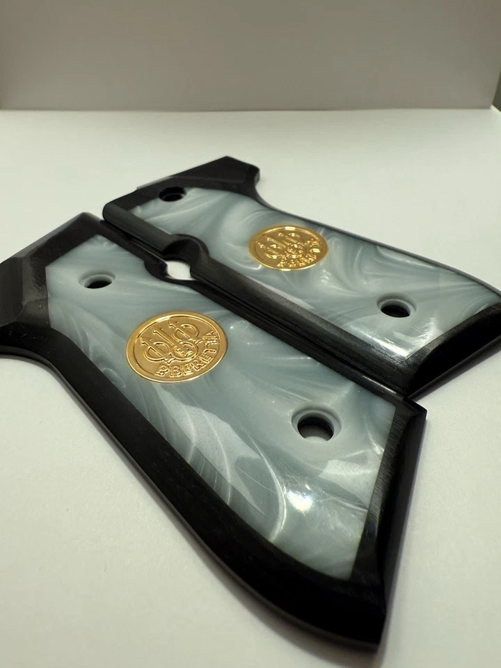 Beretta 92FS Pistol Grips White Pearl Black Wood Gold Medallion - Image 2 of 3
