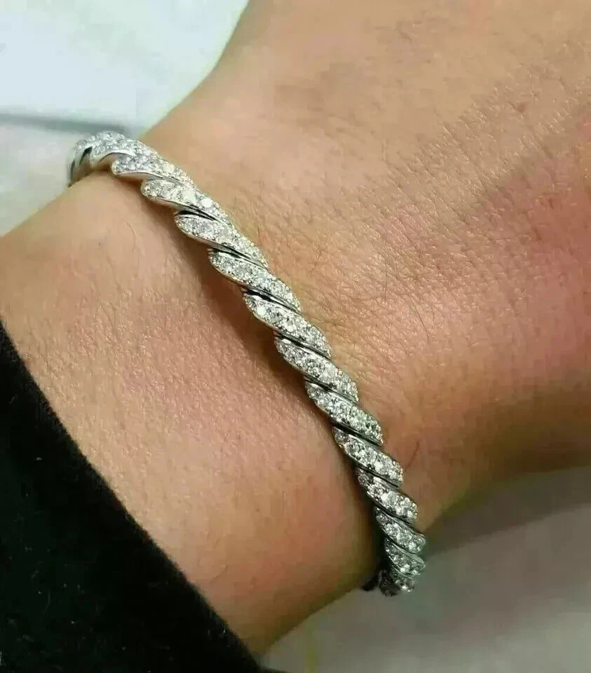 Мужской теннисный браслет 6 карат круглой огранки с лабораторными бриллиантами отделка белым золотом 14 карат - Изображение 3 из 3