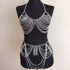 Women's Rave Festival Chain Bralette Body Jewelry Waist Chain Chest Harness Set