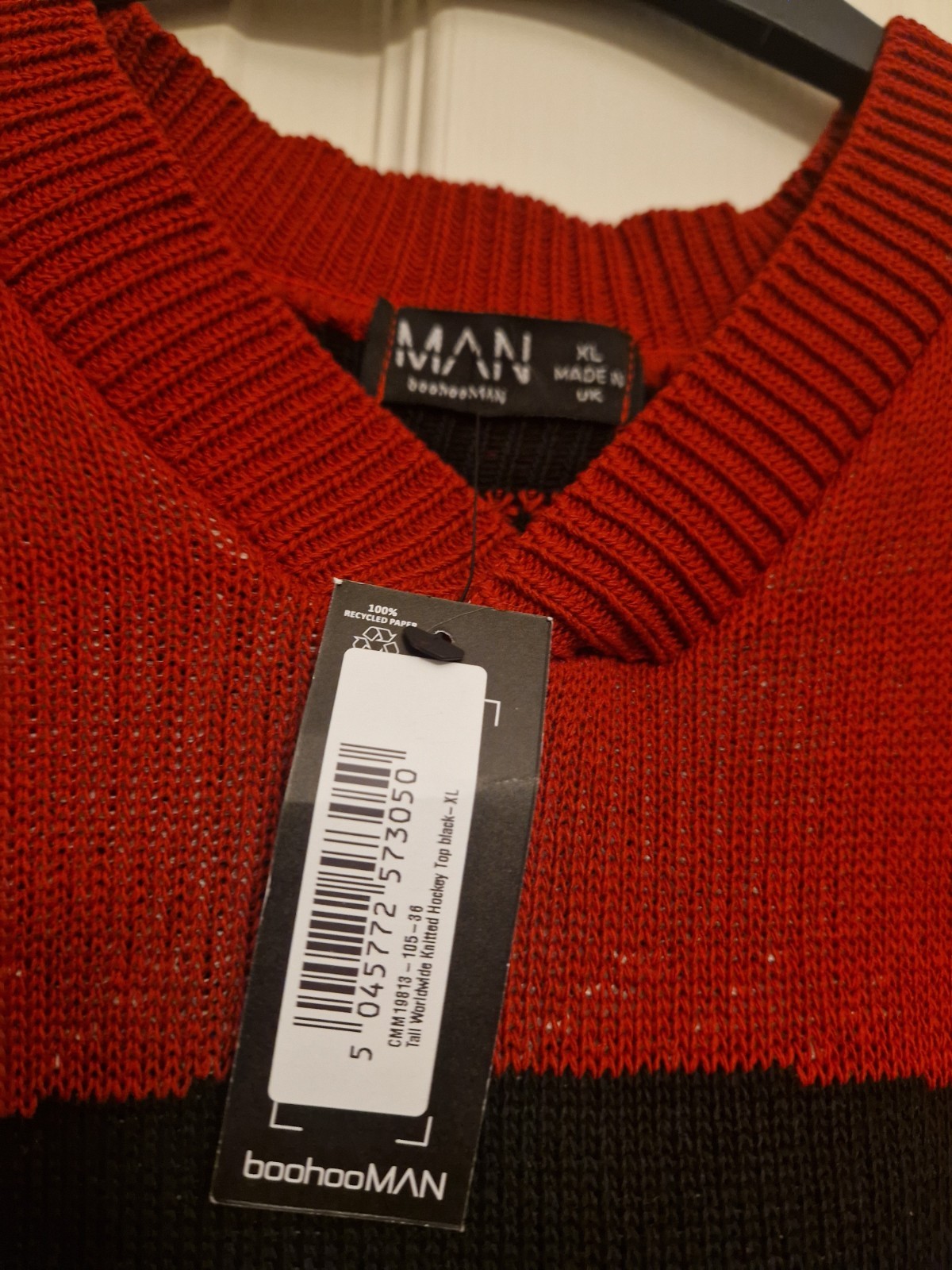 Mens XL knitted  Shirt Sleeved Jumper Boohooman Red & Navy. Brand New With Tags image 2