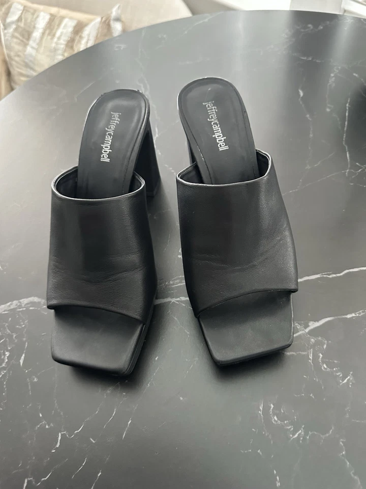 Sandalia Jeffrey Campbell Caviar Plataforma Slide Mule Cuero Negro Talla 9 Cuadrada Foto 3 de 4