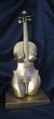 This gold 4/4 violin features a sculptured design morphed into a female torso.